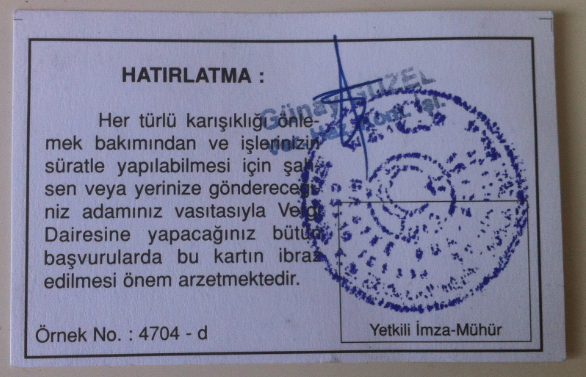 Numéro d'identification fiscale Turquie - Vergi numarasi - Tax Number (Verso)